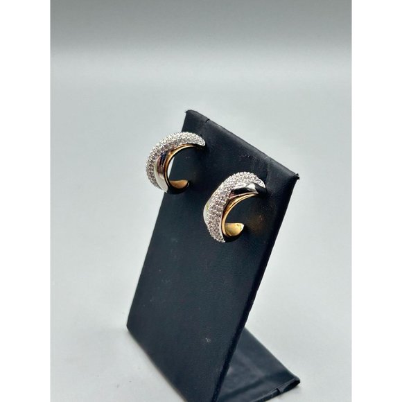 Vintage Swarovski Signed Swan Hoops Earrings Clear Crystals Silver & Gold Plated - Picture 4 of 7